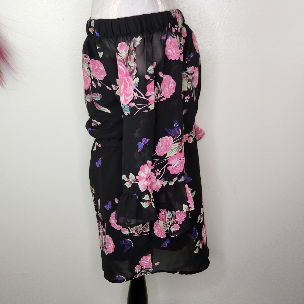 Hint Of Blush Black & Pink Floral Off The Shoulder Mini Dress Size Medium - Picture 6 of 12